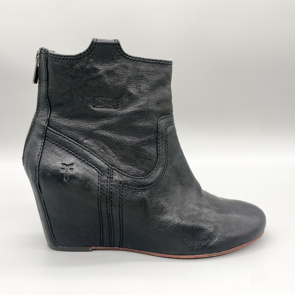 Frye Carson Wedge Bootie Womens 8.5 Black Leather Zip Boots Western Boho casual